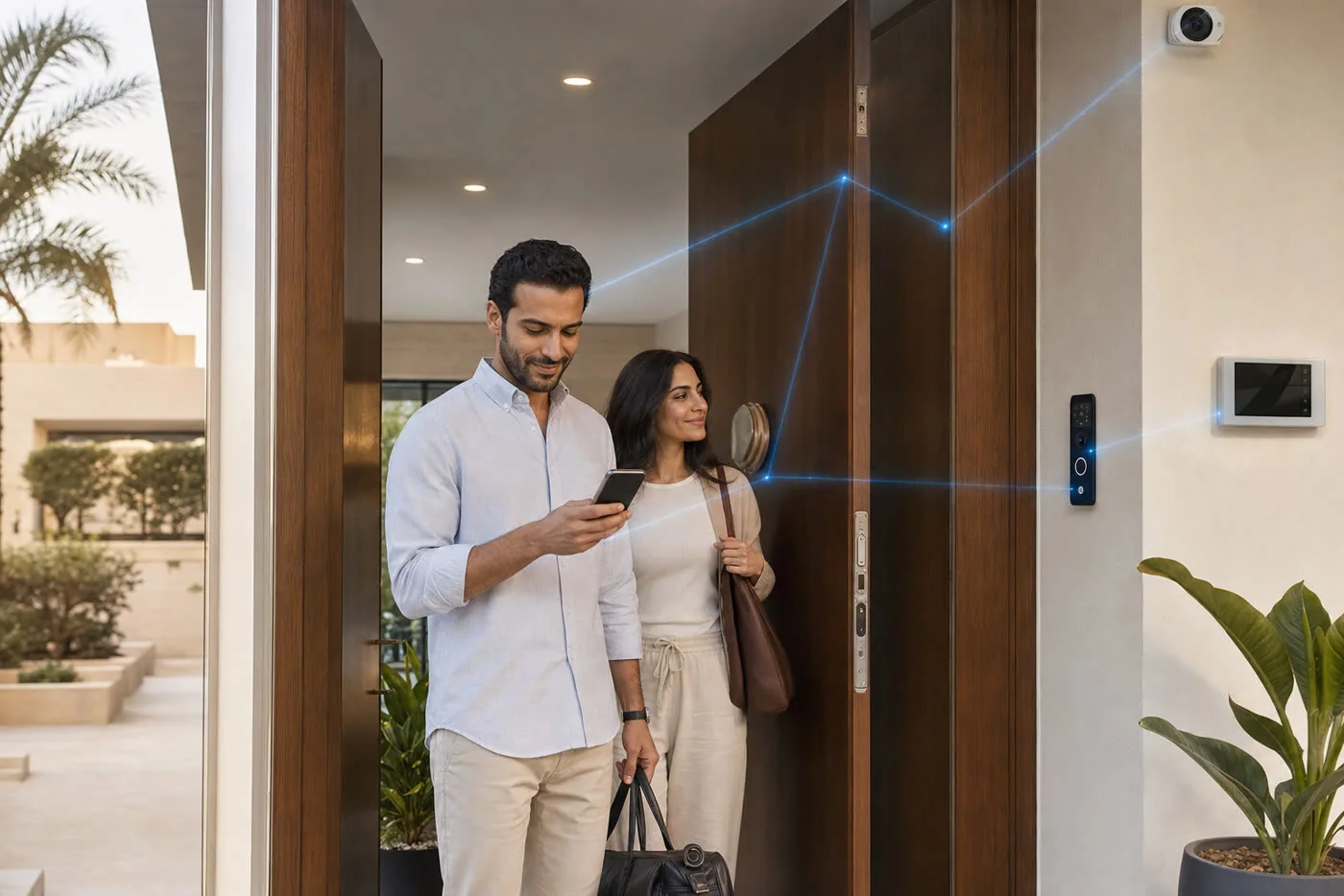 Smart home entrance in Egypt with app control, security camera, doorbell and energy-saving connected devices