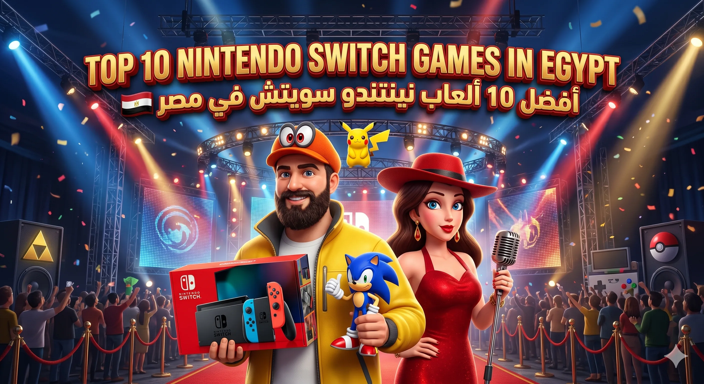 Top 10 Nintendo Switch games in Egypt with Arabic title artwork, Nintendo Switch console and gaming characters on a stage