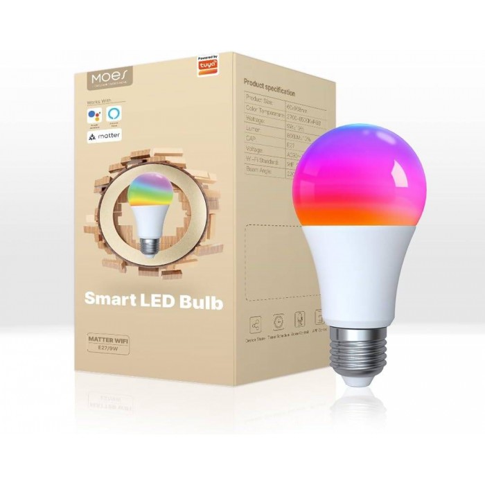 MOES Smart Bulb E27 A60 Light Bulbs, Matter Over WiFi, 9W 806lm 2700K-6500K RGB Dimmable 16 Million Colour Warm White Changing, Compatible with Alexa/Google Home/Apple Home 2.4 GHz WLAN