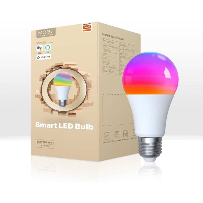 MOES Smart Bulb E27 A60 Light Bulbs, Matter Over WiFi, 9W 806lm 2700K-6500K RGB Dimmable 16 Million Colour Warm White Changing, Compatible with Alexa/Google Home/Apple Home 2.4 GHz WLAN MOES Smart Bulb E27 A60 Light Bulbs, Matter Over WiFi, 9W 806lm 2700K-6500K RGB Dimmable 16 Million Colour Warm White Changing, Compatible with Alexa/Google Home/Apple Home 2.4 GHz WLAN
