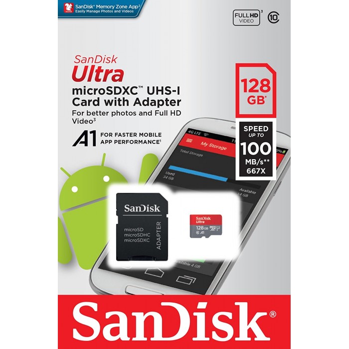 Sandisk Ultra 128GB Micro SDXC UHS-I Card with Adapter -  100MB/s U1 A1 - SDSQUAR-128G-GN6MA
