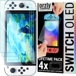 Orzly Glass Screen Protector for Nintendo Switch OLED 2021 Console Accessories (Pack of 4) - Tempered Glass Life time Edition